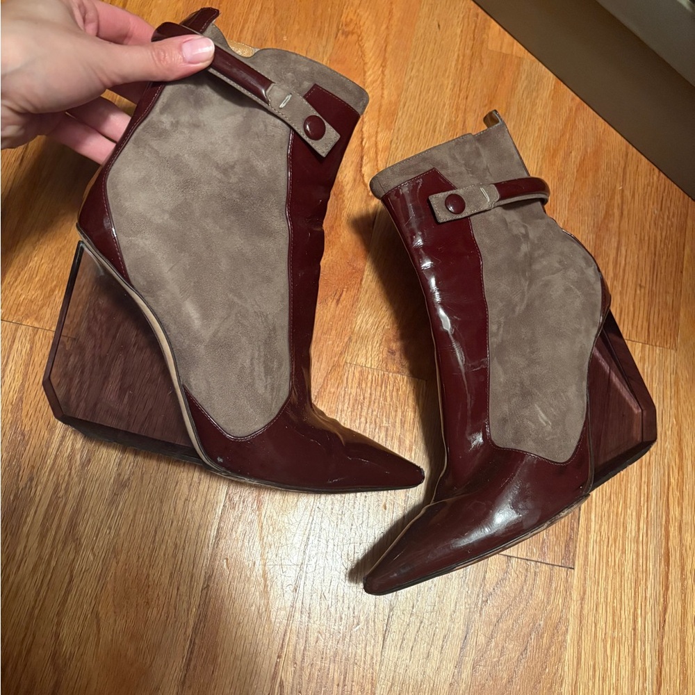 Pollini Burgundy and Taupe Wedge Boots